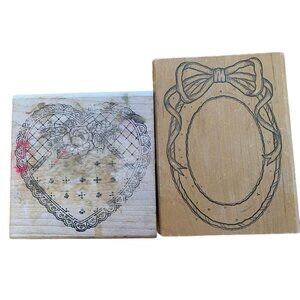 Wooden Rubber Stamps Heart & Oval Bow Vintage Craft Supplies